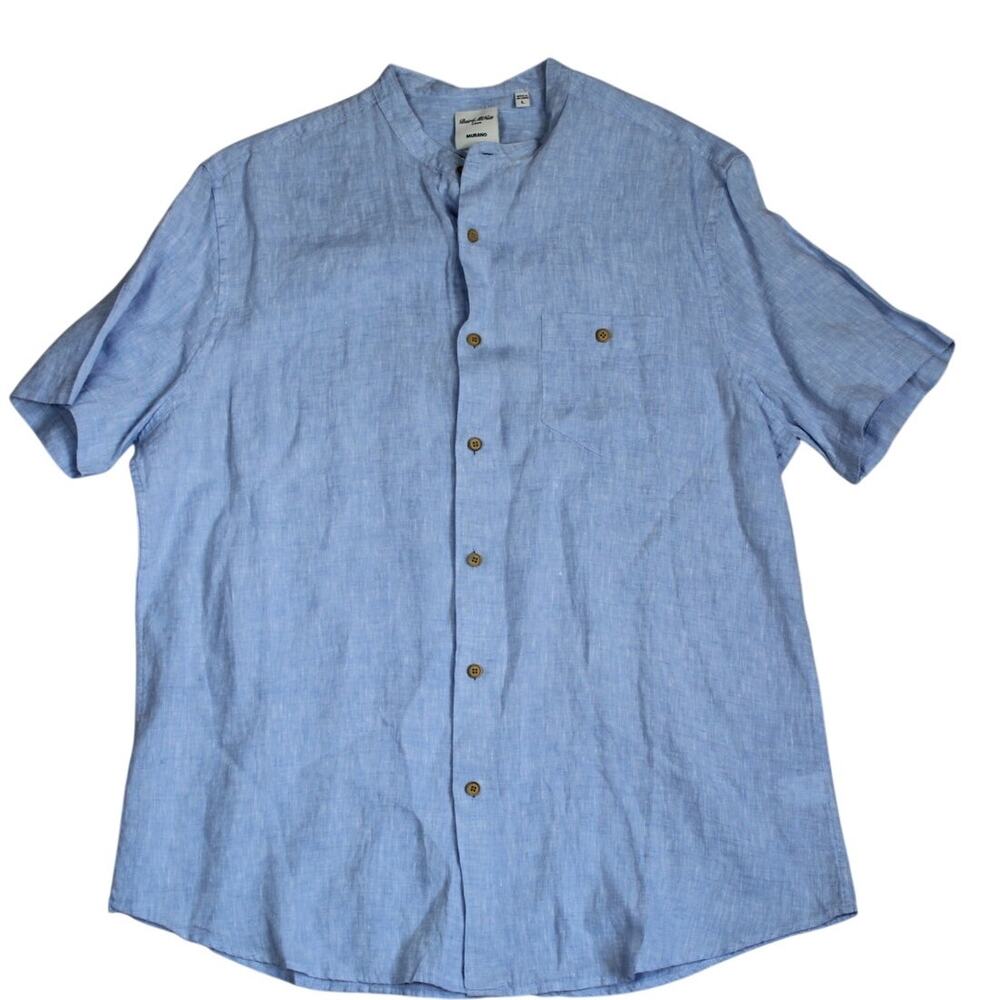 Baird McNutt Murano 100% Linen Shirt Mens Large Blue Band Collar Office Casual